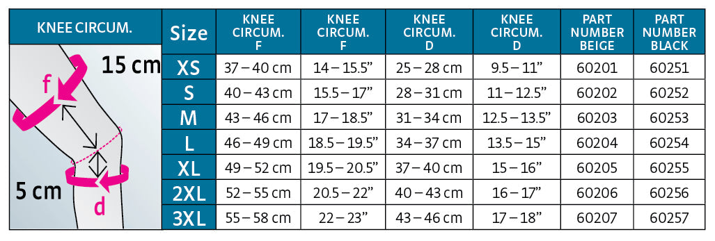 Medi Protect Joelheira de malha sem costura com faixa superior de silicone, tabela de tamanhos