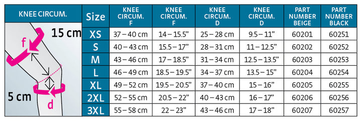 حماية متوسطة لدعم الركبة المحبوك بدون خياطة مع شريط علوي من السيليكون، جدول المقاسات