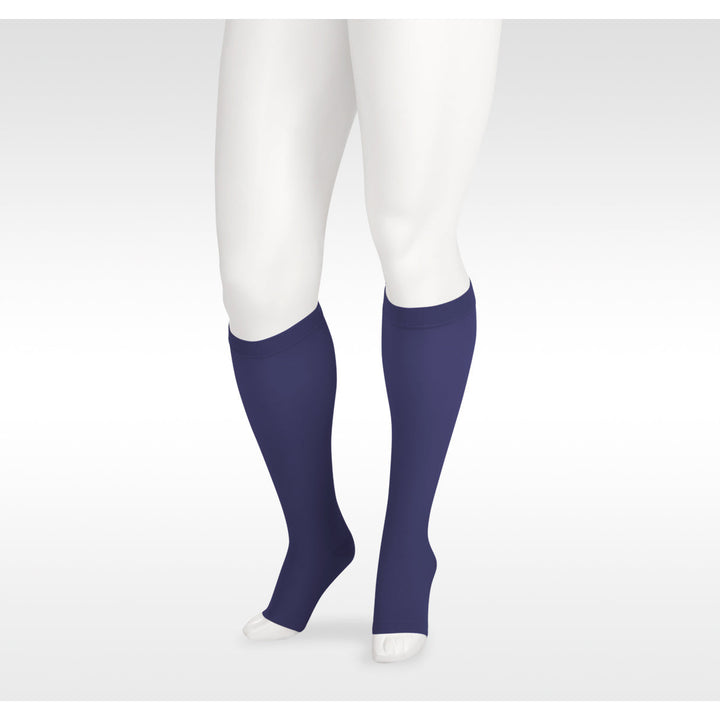 Juzo Soft Knee High 20-30 mmHg com faixa de silicone, bico aberto, azul marinho