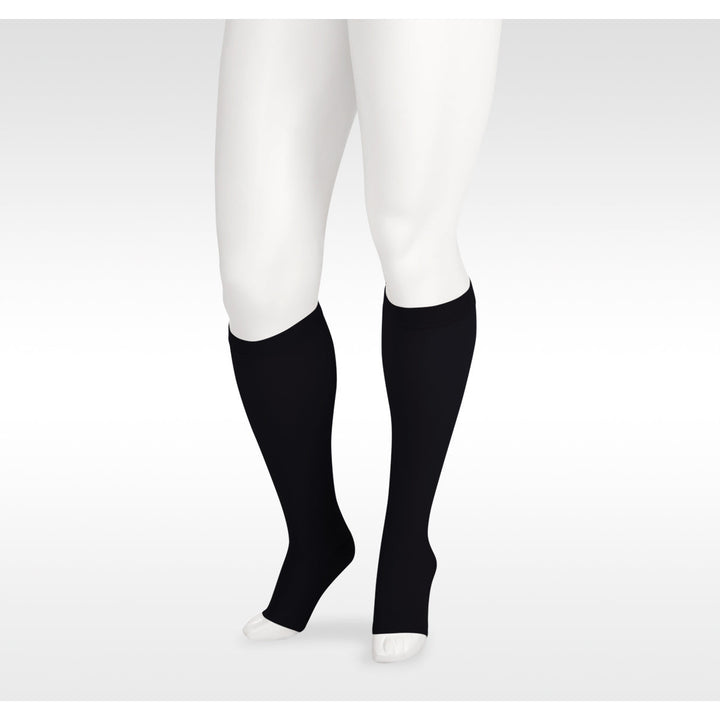 Juzo Soft Knee High 15-20 mmHg com faixa de silicone, bico aberto, preto