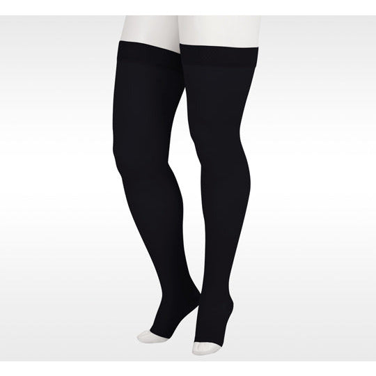 Juzo Soft Thigh High 15-20 mmHg com faixa de silicone, bico aberto, preto