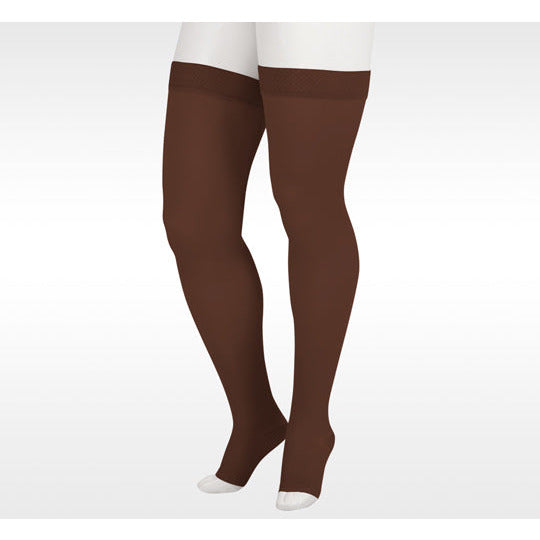 Juzo Dynamic Thigh High 30–40 mmHg mit Silikonband, offene Spitze, Kastanie