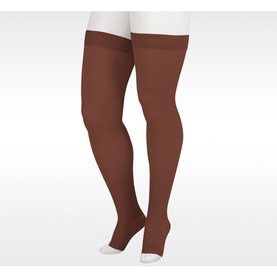 Juzo Soft Thigh High 20-30 mmHg mit Silikonband, offene Spitze, Schokolade