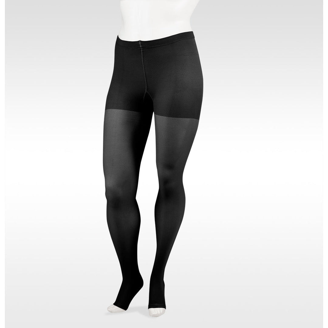 Meia-calça Juzo Soft 20-30 mmhg c/ calcinha elástica, bico aberto, preta
