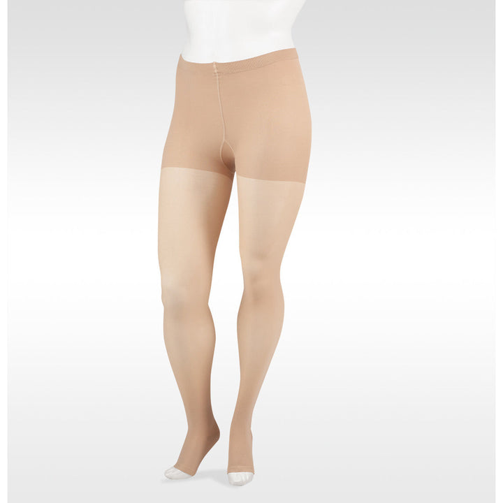 Meia-calça Juzo Soft 20-30 mmhg c/ calcinha elástica, bico aberto, bege