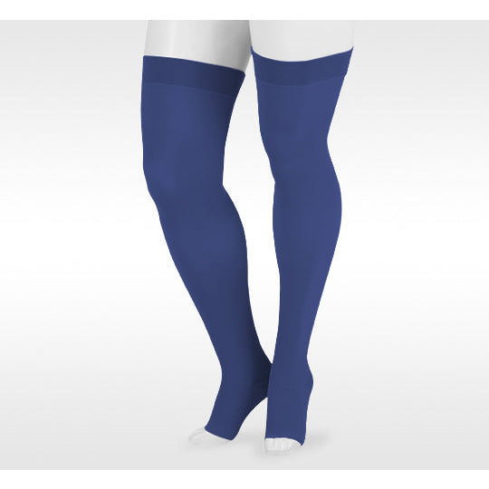 Juzo Soft Thigh High 30-40 mmHg com faixa de silicone, bico aberto, azul marinho