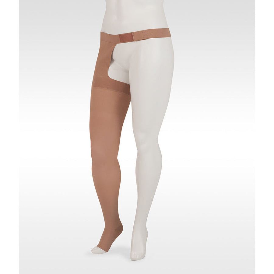 Juzo Dynamic Thigh High 20-30 mmHg w/ Hip Attachment, Open Toe, Beige