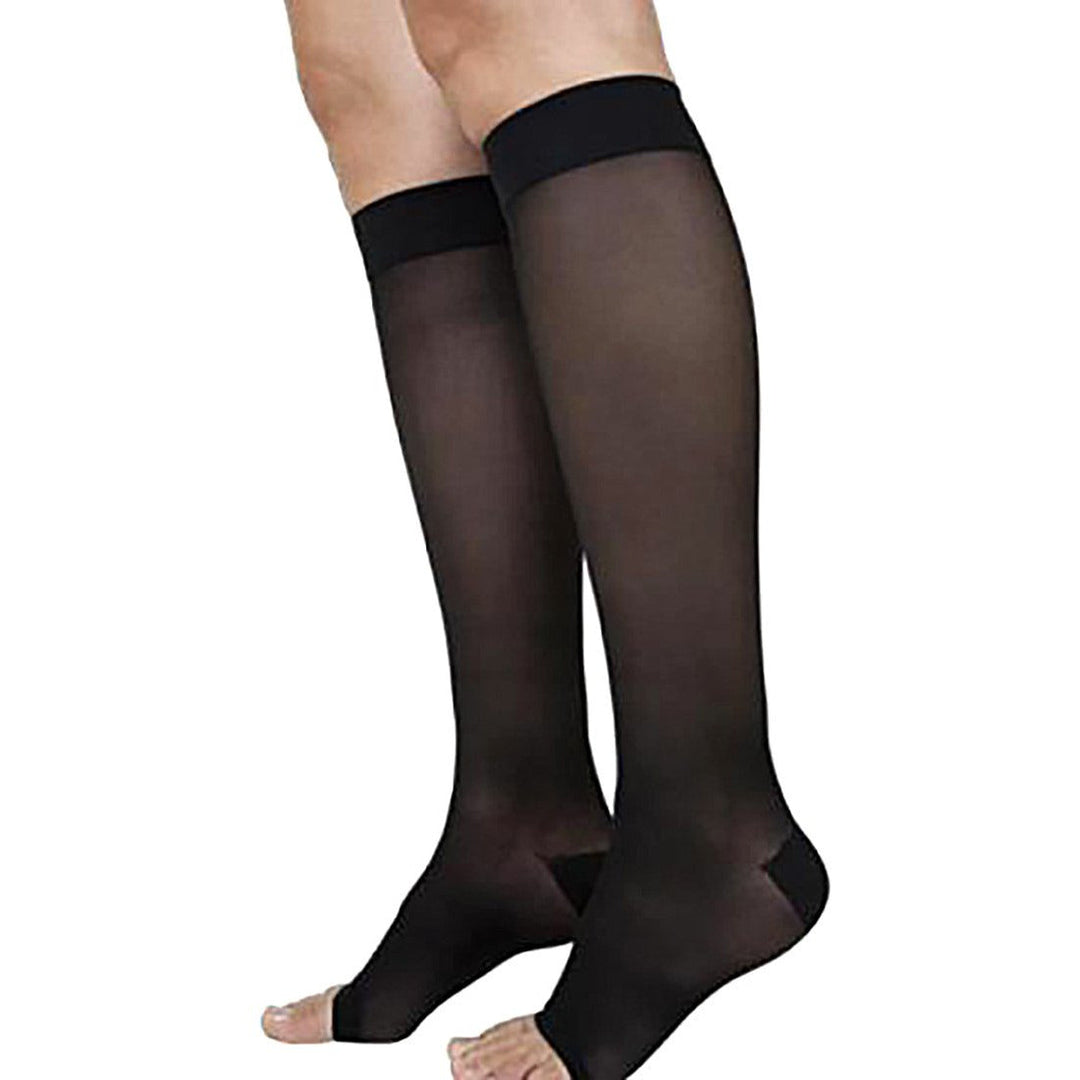 Sigvaris Sheer - Medias hasta la rodilla con punta abierta para mujer, 15-20 mmHg, color negro