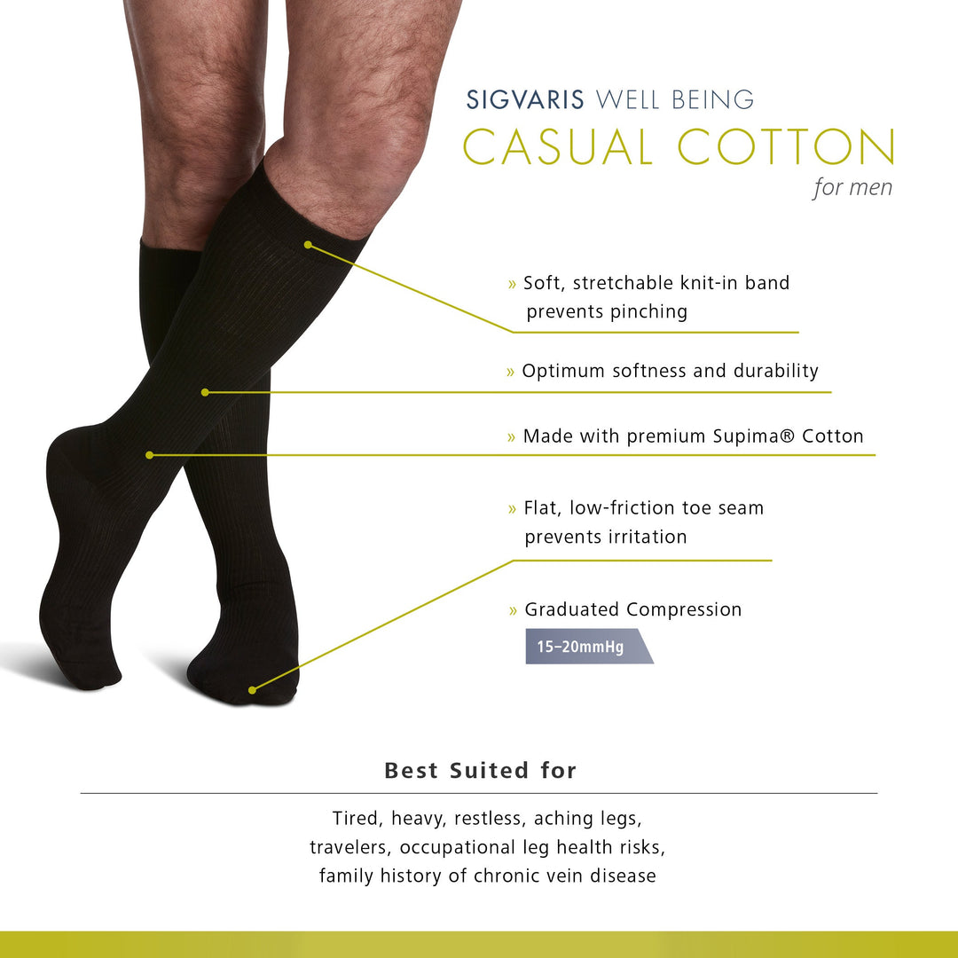 Calcetines hasta la rodilla Sigvaris Casual Cotton para hombre de 15-20 mmHg Características