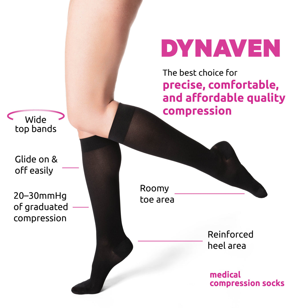 Dynaven feminino 20-30 mmHg na altura do joelho, recursos