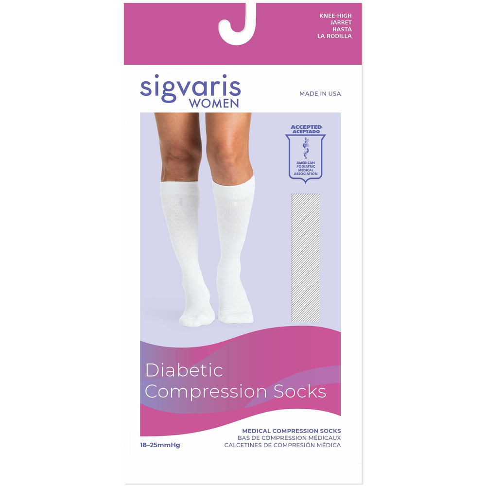 Meia de compressão para diabéticos Sigvaris feminina 18-25 mmHg na altura do joelho, caixa