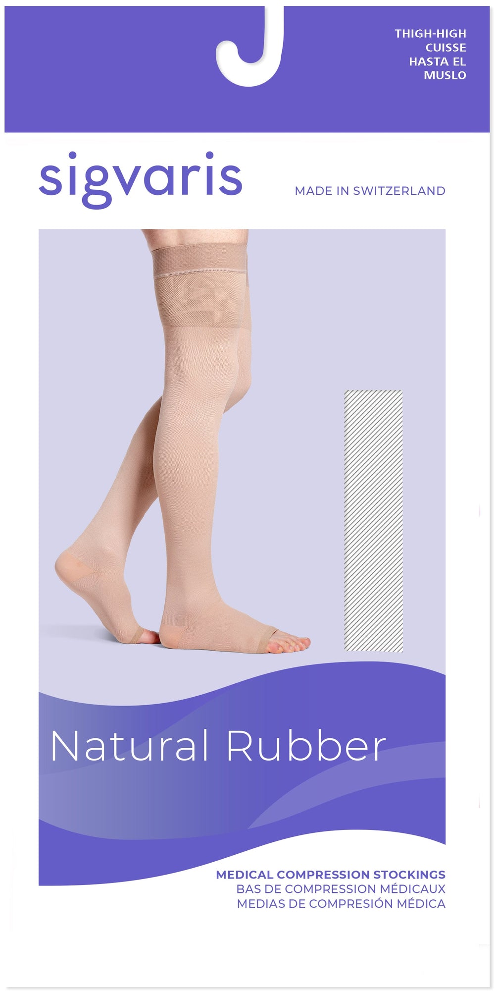 Cuisse haute en caoutchouc naturel Sigvaris 30-40 mmHg, bout ouvert avec fixation à la taille, boîte