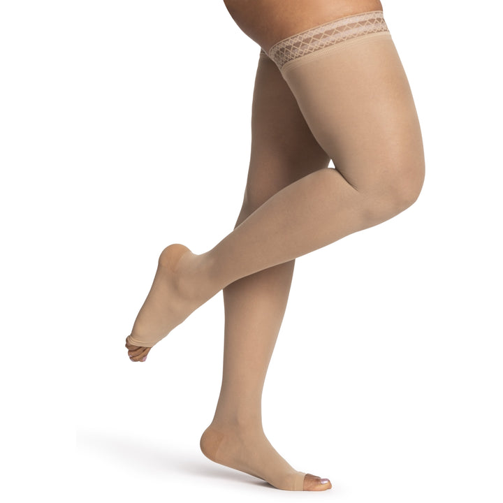 Dynaven Sheer Damen-Oberschenkelstrümpfe mit offenem Zehenbereich, 15–20 mmHg, Beige