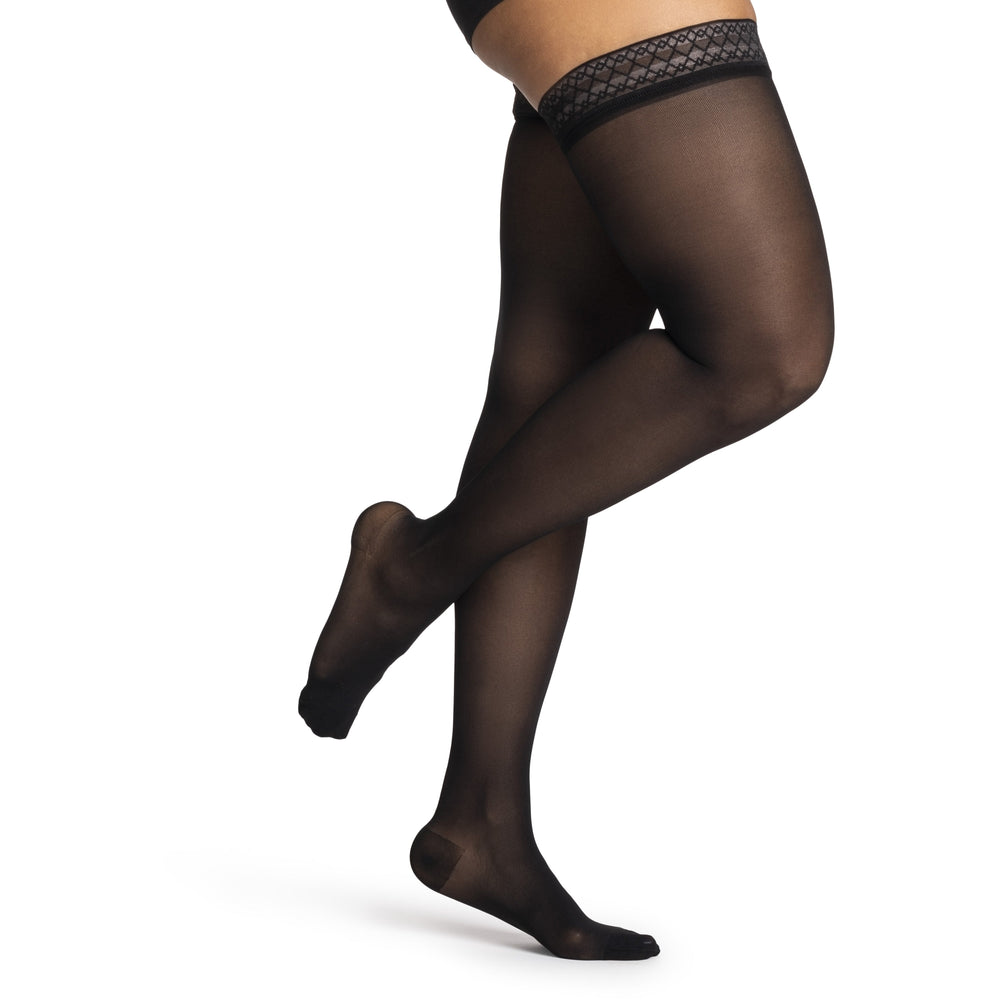 Dynaven Sheer feminino 20-30 mmHg na altura da coxa, preto