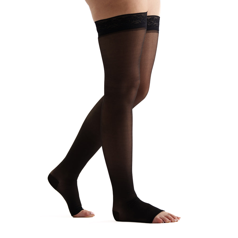 EvoNation Everyday Sheer 15-20 mmHg OPEN TOE coxa alta com faixa superior de renda, preto