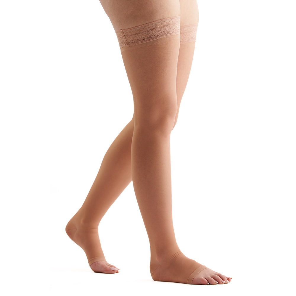 EvoNation Everyday Sheer 15-20 mmHg OPEN TOE Thigh High w/ Lace Top Band, Nude