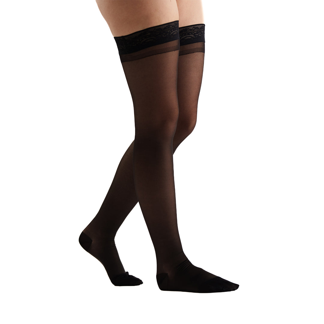 EvoNation Everyday Sheer 20-30 mmHg Thigh High w/ Lace Top Band, Black