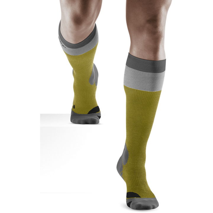 Chaussettes de compression hautes randonnée en mérinos léger, homme, olive/gris