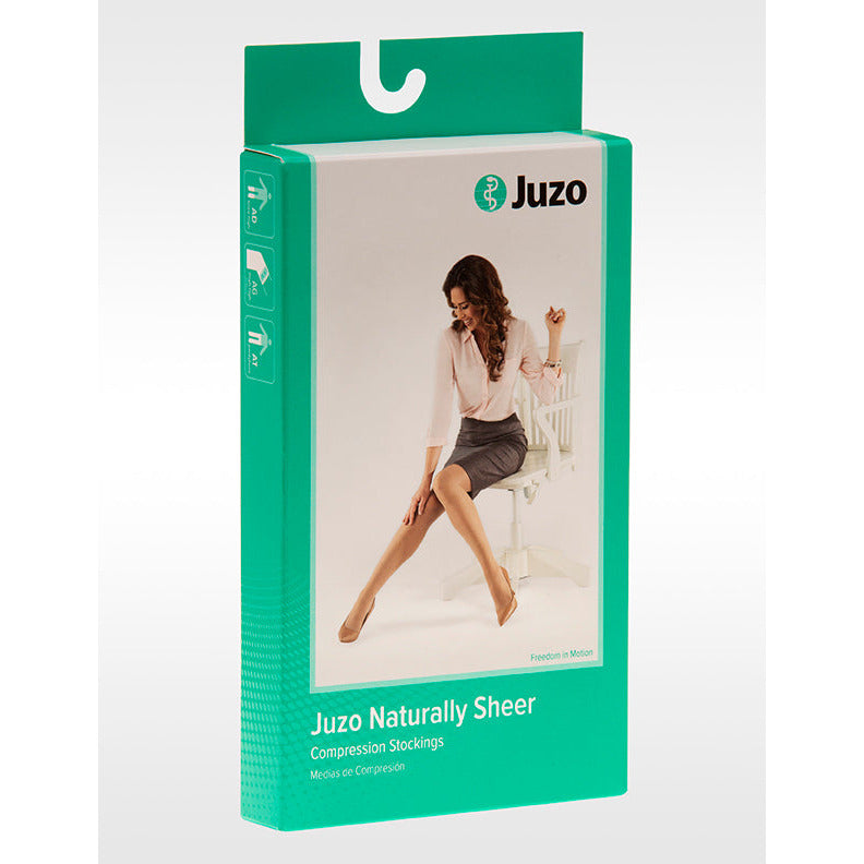Juzo Naturally Sheer Thigh High 20-30 mmhg com faixa de silicone, caixa