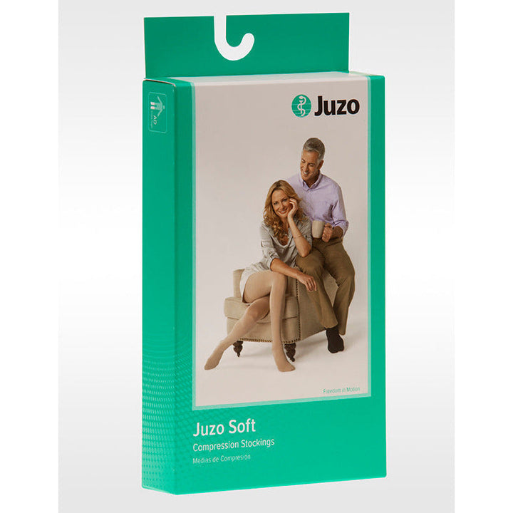 Juzo Soft Knee High 30-40 mmHg com faixa de silicone, bico aberto, caixa