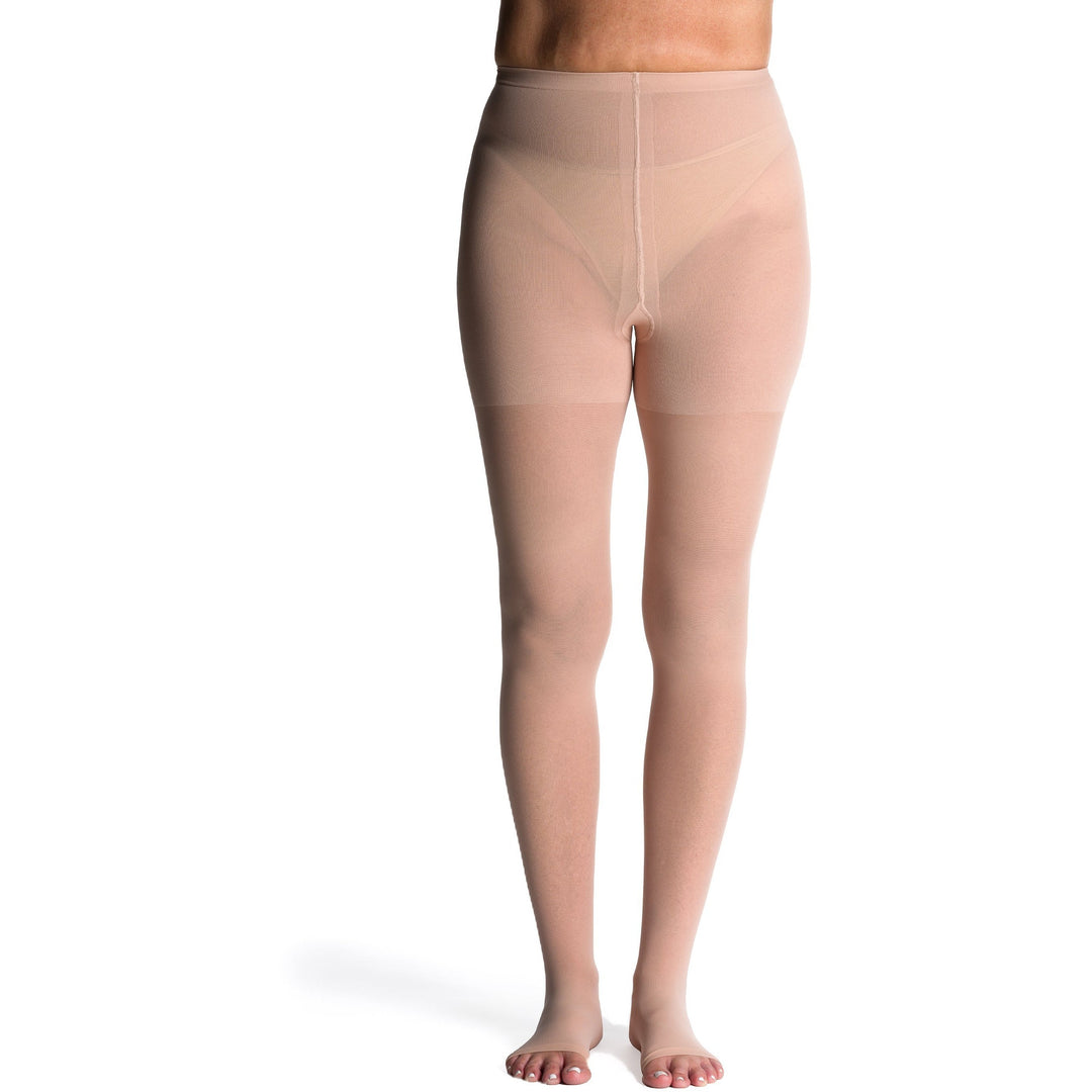 Sigvaris transparente Damen-Strumpfhose mit offenem Zehenbereich, 15–20 mmHg, warmer Sand