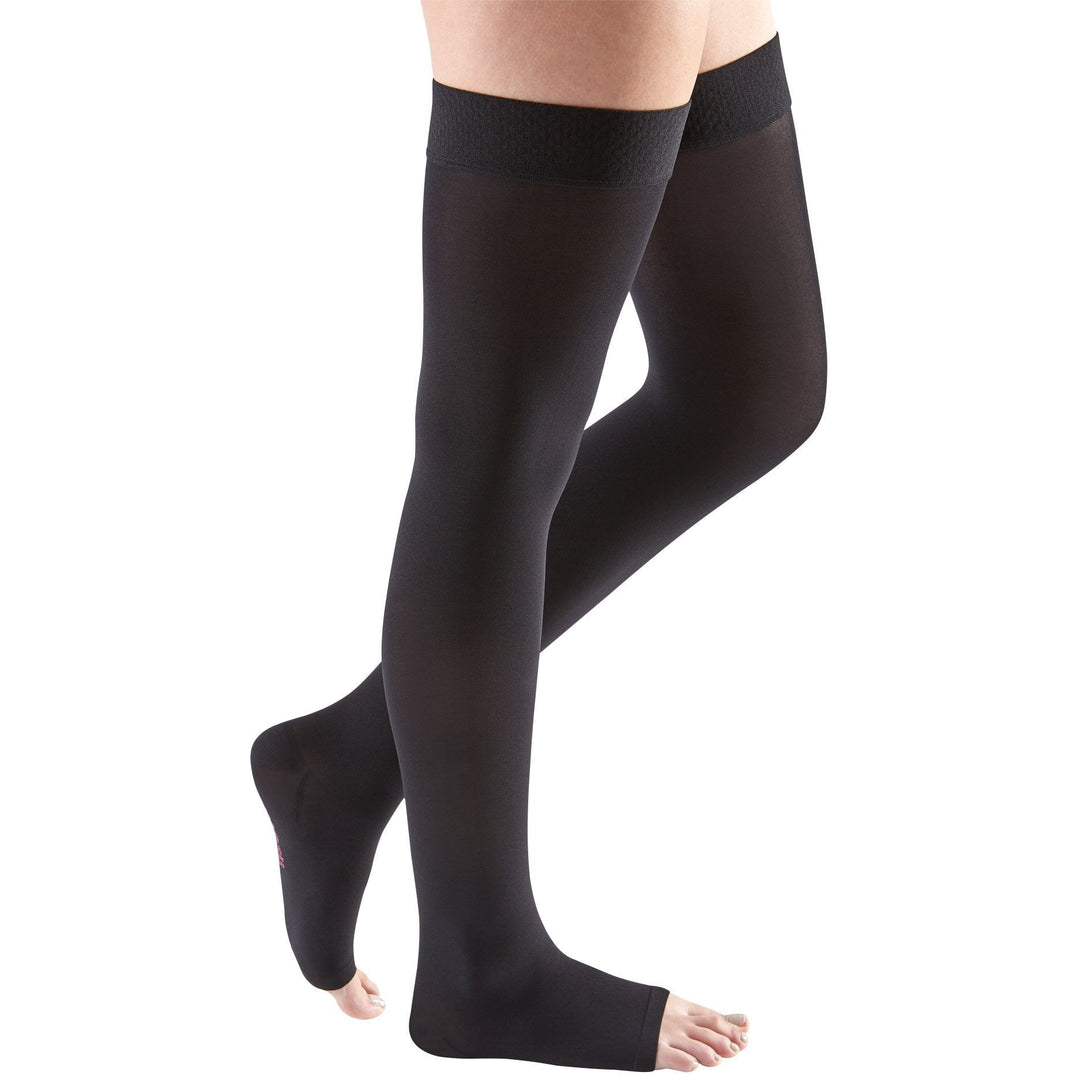 Mediven Comfort 20-30 mmHg BOUT OUVERT Cuisse haute avec bande supérieure en silicone perlée, ébène