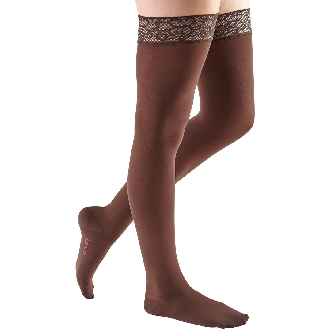 Mediven Comfort 15-20 mmHg Cuisse haute avec bande supérieure en silicone et dentelle, Chocolat