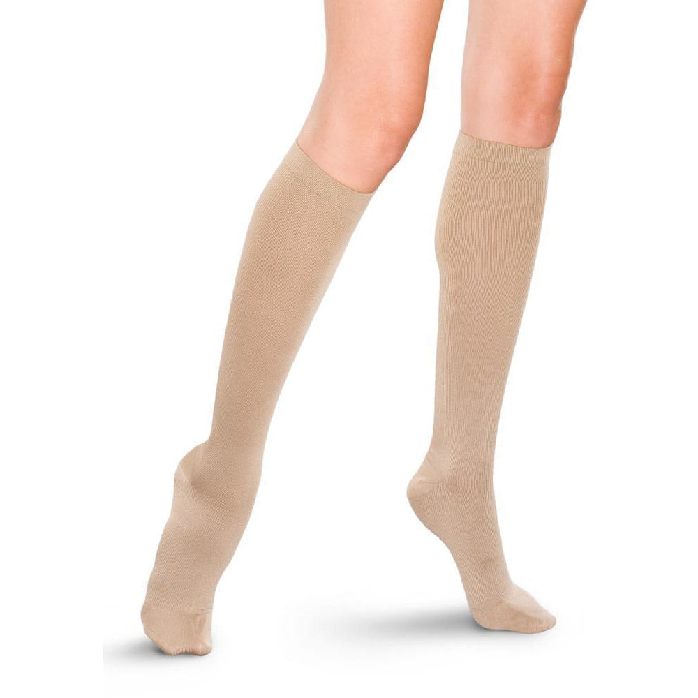 Therafirm feminino 15-20 mmHg com nervuras na altura do joelho, cáqui
