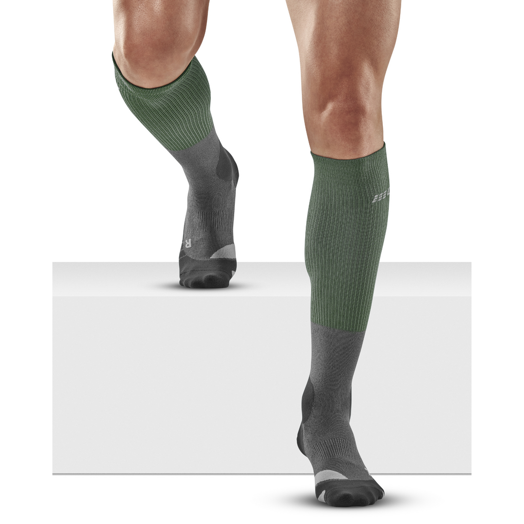 Chaussettes de compression hautes en mérinos de randonnée, homme, vert/gris