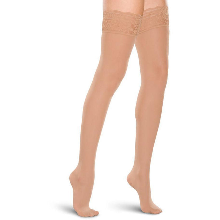 Therafirm Sheer feminino 20-30 mmHg na altura da coxa com faixa superior de silicone de renda, areia