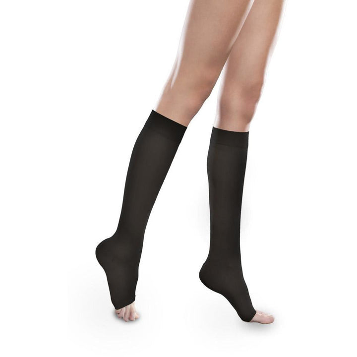 Therafirm Sheer Ease feminino 15-20 mmHg dedo aberto até o joelho, preto