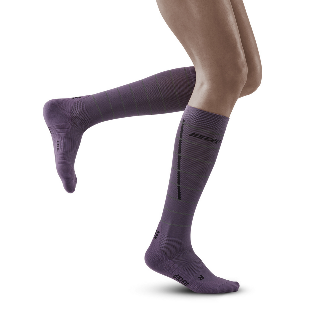 Chaussettes hautes de compression réfléchissantes, femme, violet/argent