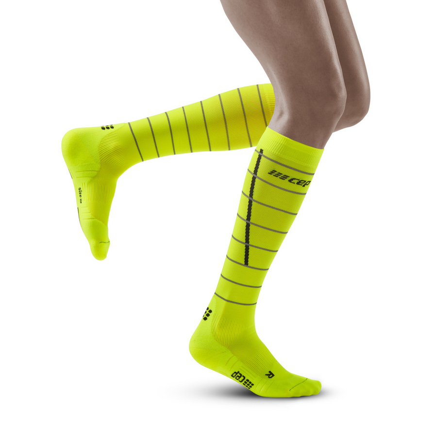 Chaussettes hautes de compression réfléchissantes, femme, jaune fluo/argent