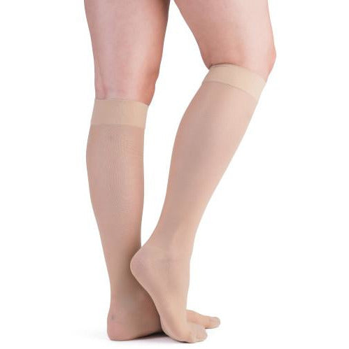 VenActive Medias hasta la rodilla transparentes premium para mujer, 15-20 mmHg, natural, espalda