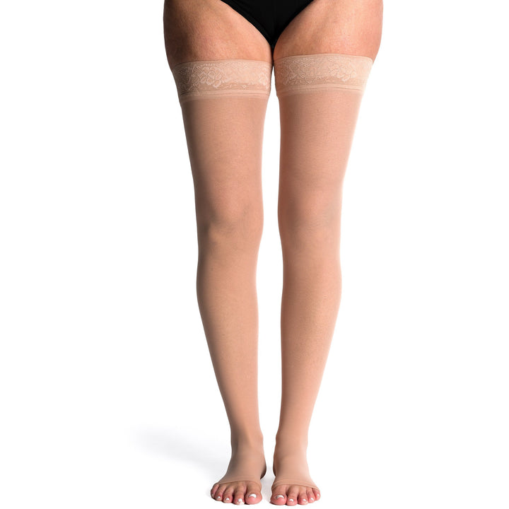 Sigvaris Sheer - Medias hasta el muslo para mujer, 15-20 mmHg, punta abierta, almendra tostada